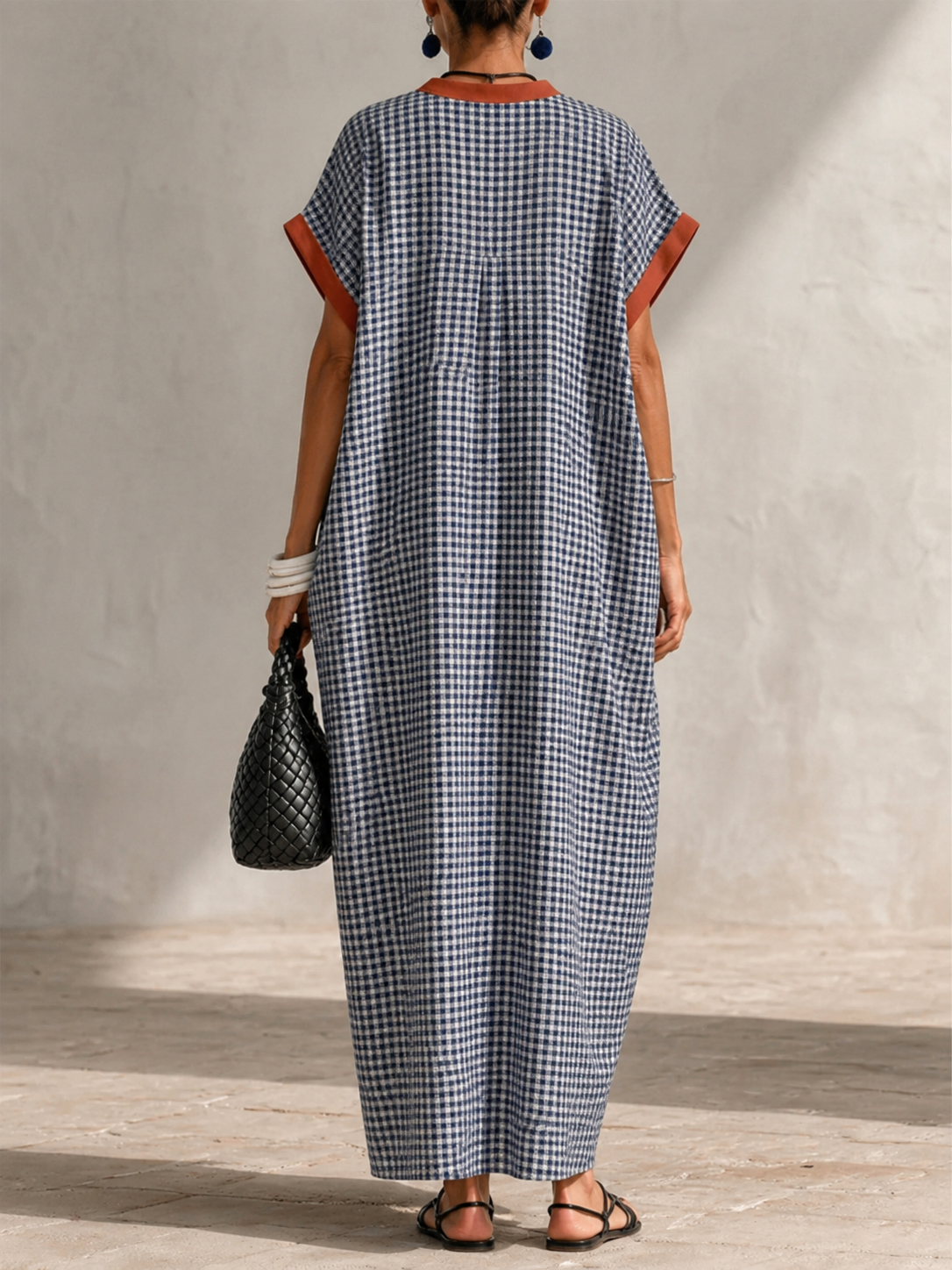 Casual Resort Contrast Cuff Gingham Loose Straight V-neck Ankle-length Linen Dress