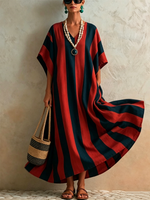 Laid-back Oversized Batwing Sleeve Vertical Stripe Side Pocket Linen Long Dress