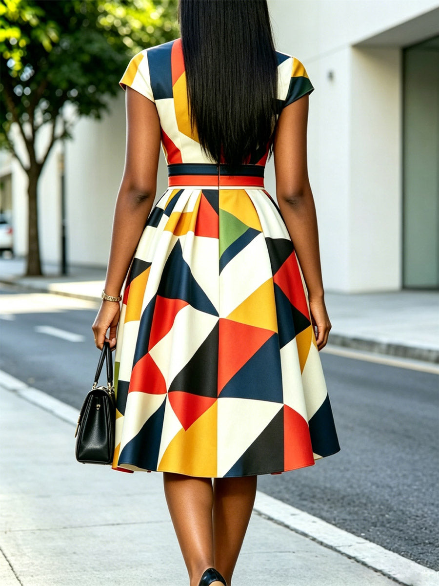 Women's Geometric Pattern Print Chic Art Casual Stylish Midi Dress
