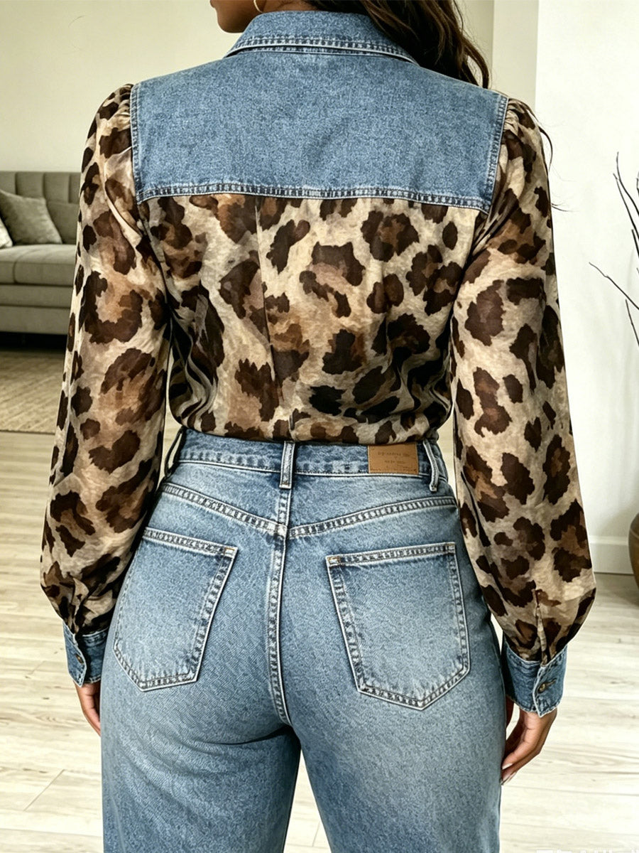 Women's Leopard Pattern Denim Patchwork Art Casual Stylish Long Sleeve Shirt
