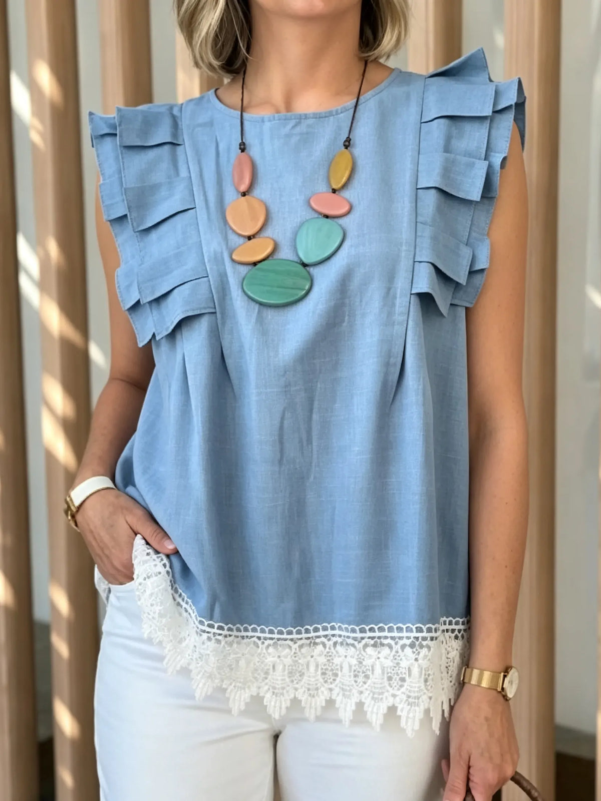 Women's Ruffle Shoulder Lace-Trim Top