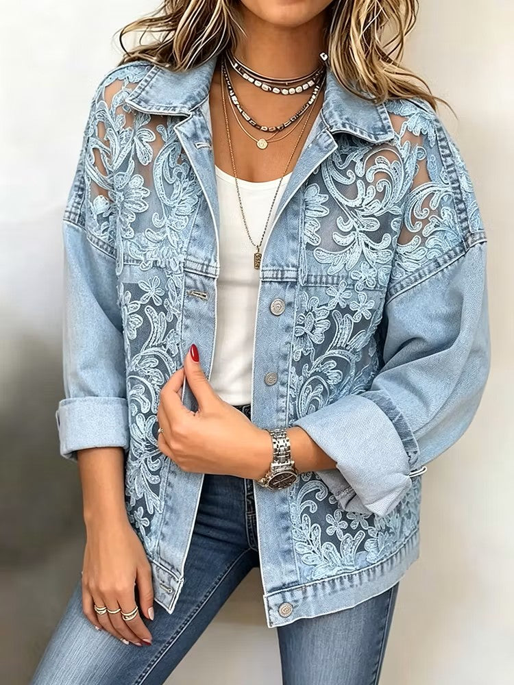 Stylish Casual Denim Jacket With Paneled 3d Lace Details