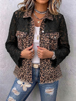 Casual Denim Jacket With Leopard Print And Lace Paneling