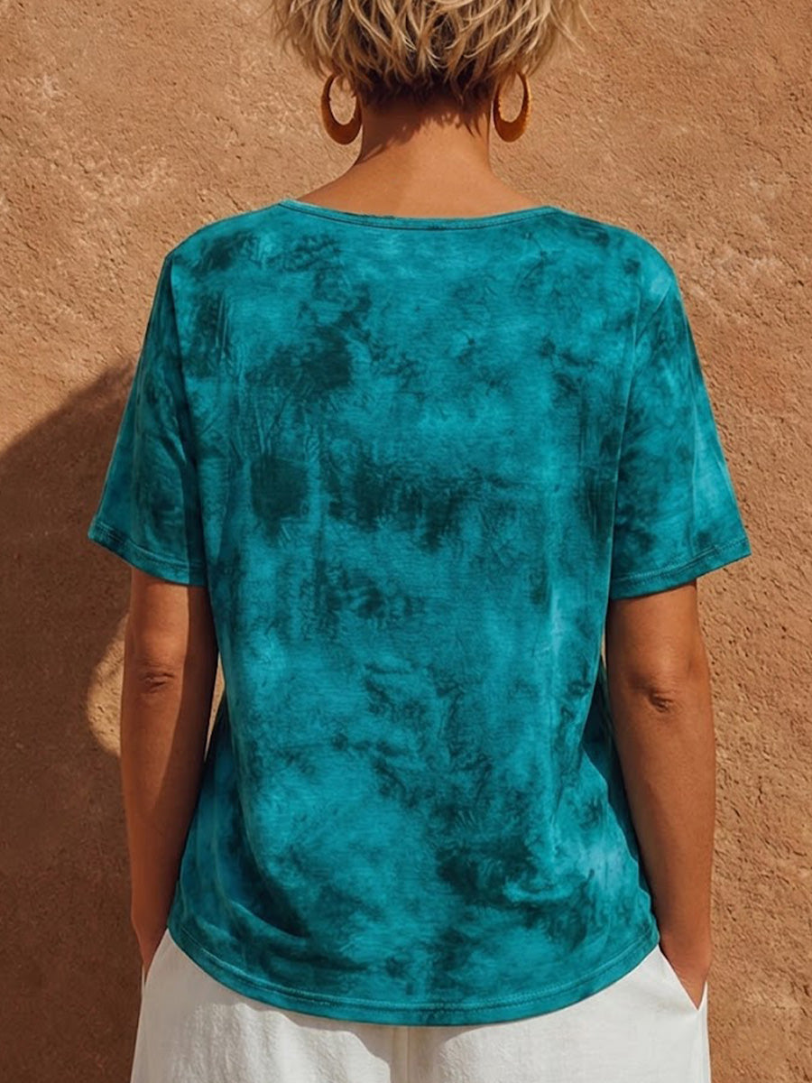 Resort Ombre Tie-Dye Cutout Lace-Up Notch V-Neck Loose Basic T-Shirt