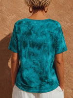 Resort Ombre Tie-Dye Cutout Lace-Up Notch V-Neck Loose Basic T-Shirt