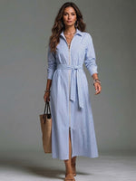 Casual Striped Linen-cotton Zip-front Dress