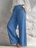 Loose, Casual, Everyday Wide-leg Cotton-linen Pants With Lace Trim