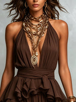 Women's Halter Ruffle-Waist Maxi Dress
