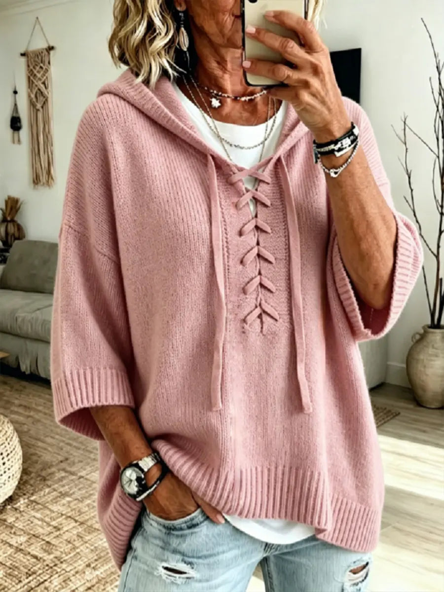 Cozy Knit Lace-Up Hooded Sweater
