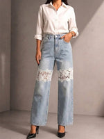 Wash High Waist Straight Wide Leg Denim Pants Dual Knee White Floral Hollow Lace Splice Drape Trousers