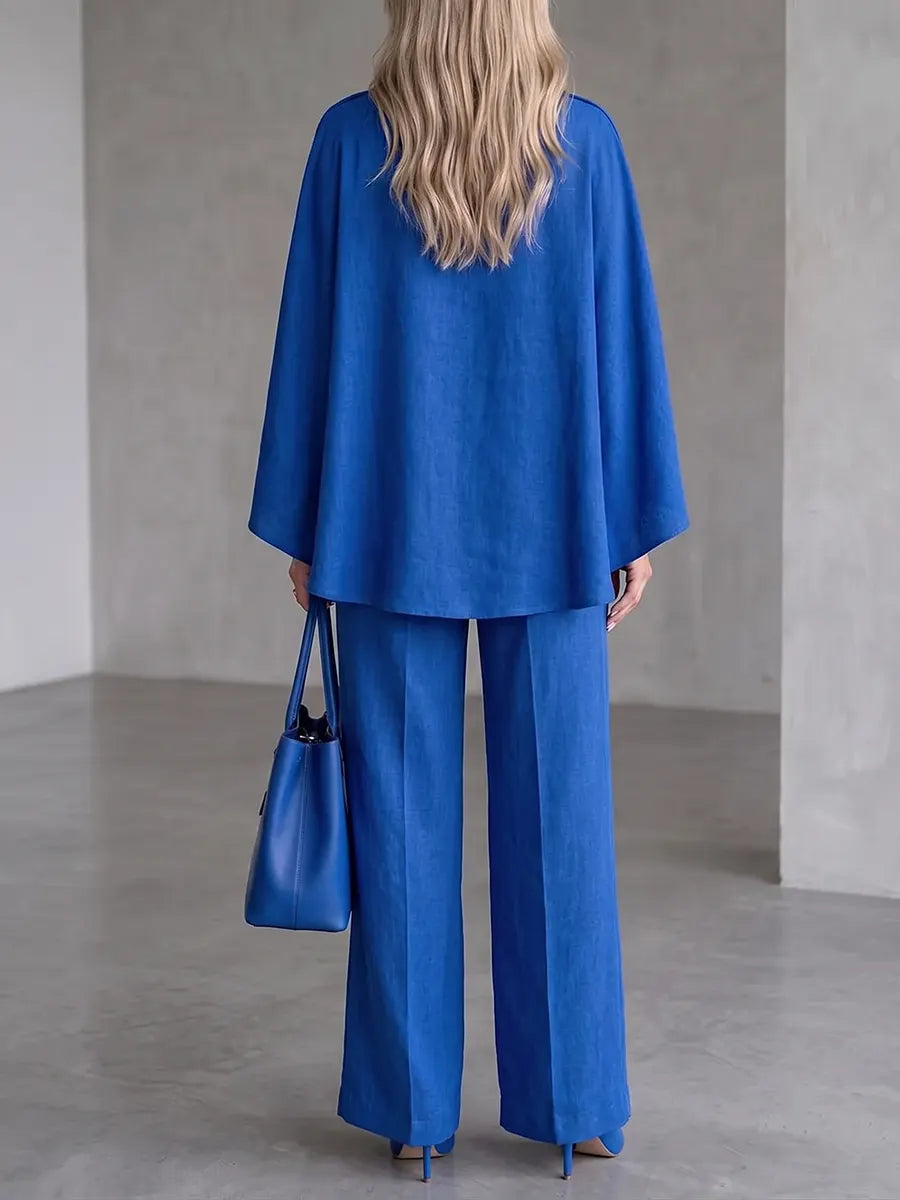 Royal Blue Statement-Button Blouse & Creased Wide-Leg Pants Set