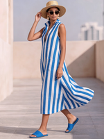 Breathable Striped Cotton-linen Dress With Stand Collar