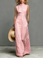 Minimalist Linen Blend Stand Collar Single-breasted Sleeveless Dress