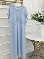 Elegant Dress Featuring A Spliced design Of Lace, Linen, And Cotton.