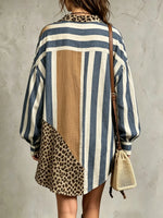 Women's Stripe Leopard Print Patchwork Loose Shirt Mini Dress