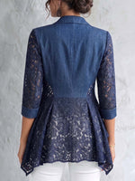 Women's Casual Slim-fit Denim Jacket With Notched Collar 3/4 Sleeves, And Lace Paneling