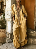 Women's Ethnic Art Casual Loose Pockets Cotton Linen Jumpsuit
