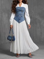 Modern Denim Corset & Flowing Pleated Skirt Set