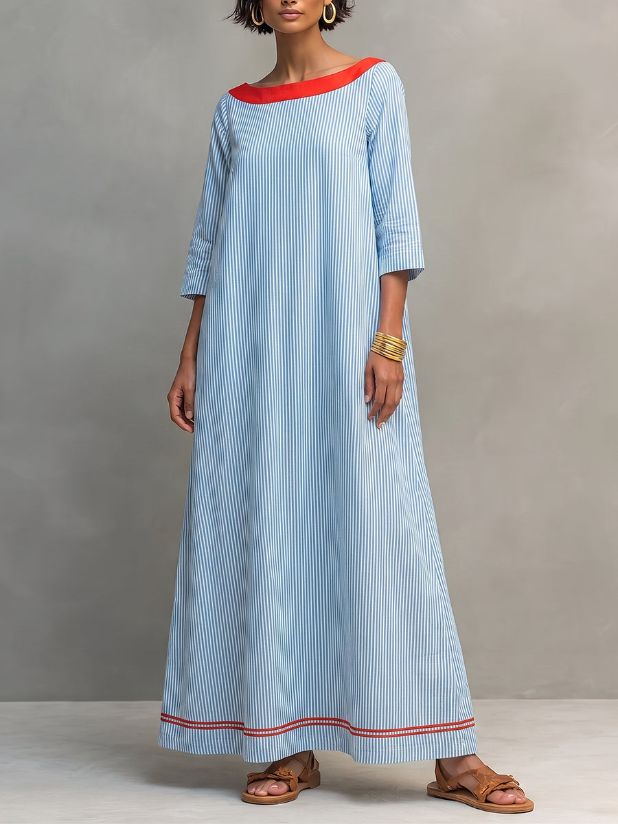 Elegant Striped Boat-neck Vacation Dress