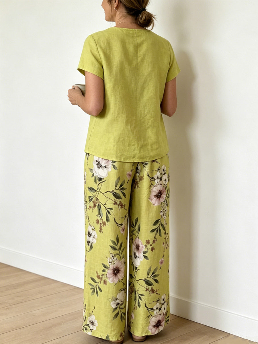 Women's Casual Short Sleeve Top And Floral Pants Cotton And Linen Two-piece Set