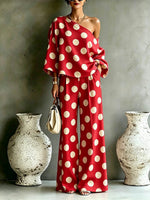 Women's Polka-dot Print Set: Long-sleeve Loose-fit One-shoulder Casual Top & High-waisted Wide-leg Pants
