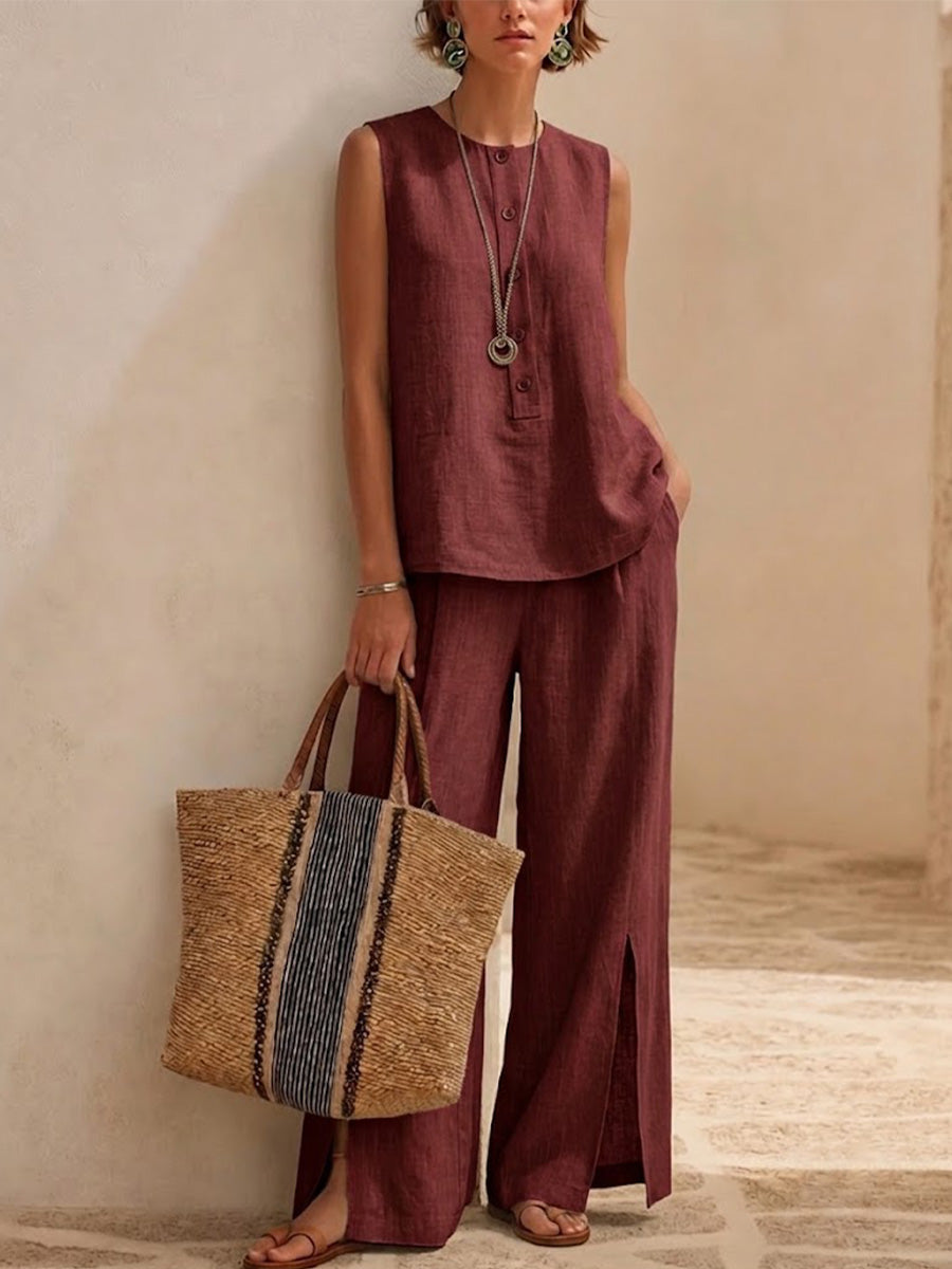 Minimalist, Relaxed-fit Textured Sleeveless Top With Partial Button Placket And Matching Draped, Side-slit Wide-leg Trousers Set
