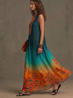 Bohemian Floral Print Sleeveless Linen And Cotton Maxi Dress