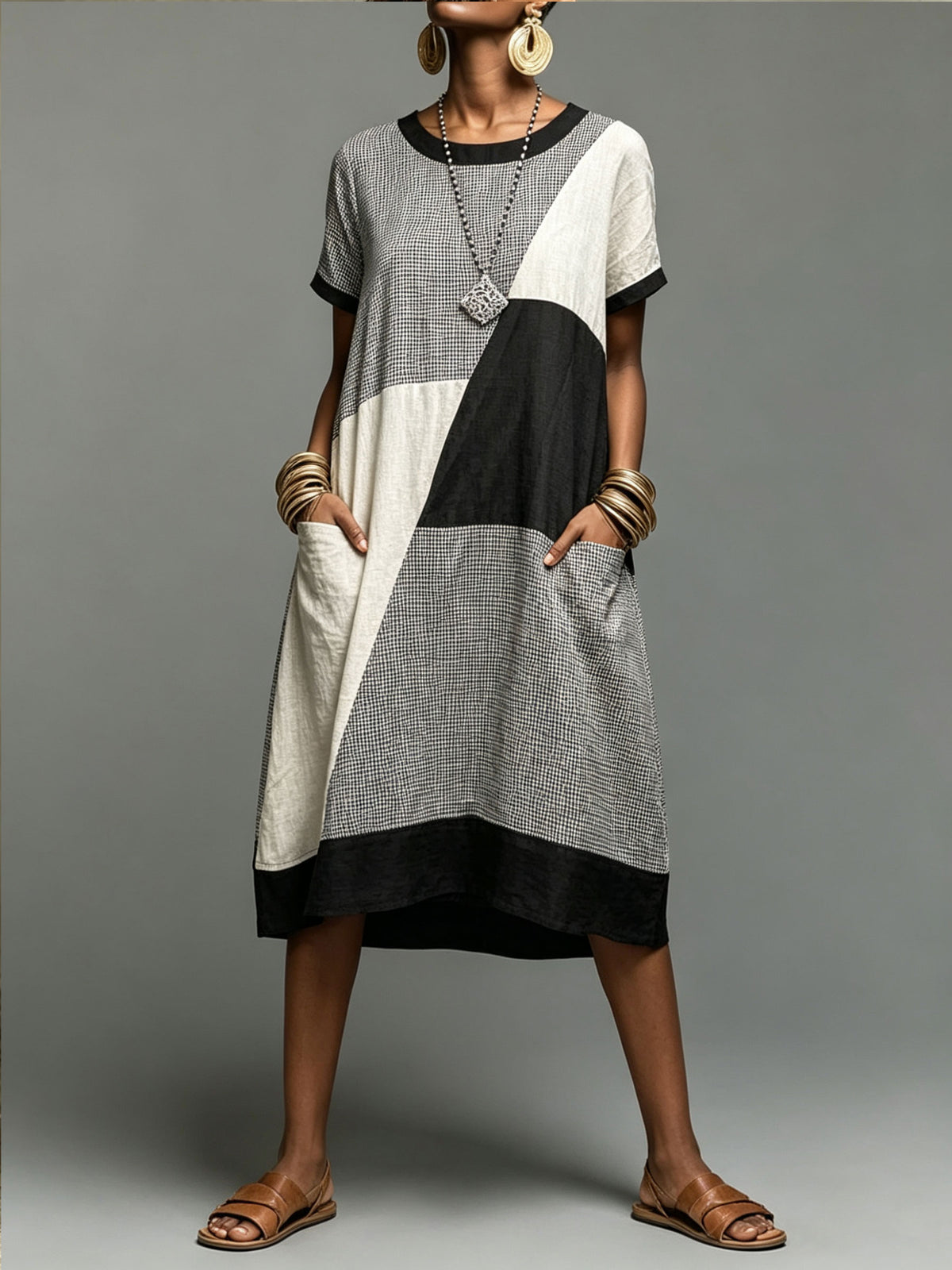 Women’s Geometric Color Block Grid Linen Blend Midi Dress With Pockets