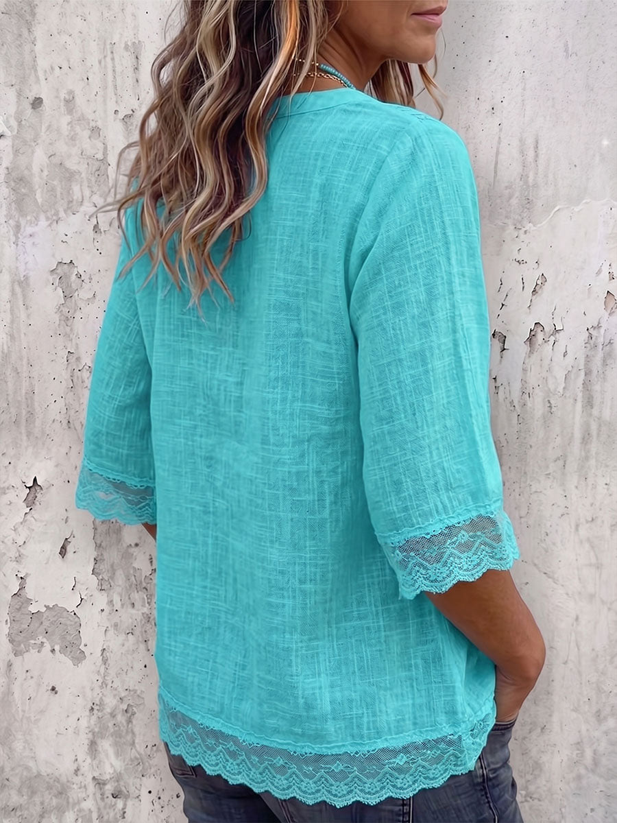 Vintage Art Comfortable Fabrics Cotton Linen Blend Patchwork Lace Shirt
