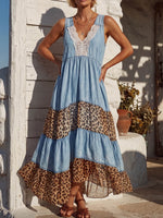 Vintage Art Comfortable Summer Fabrics Denim Patchwork Chiffon Dress