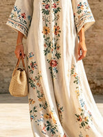Women's Ethnic Floral Art Casual Stylish V-collar 3/4 Sleeve Cotton Linen Maxi Dress