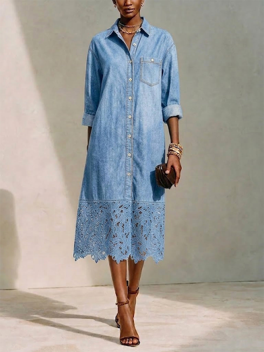 Straight-cut Dress Featuring A Denim-style Collar, Full-length Button-down Front, Patch Pockets, And Intricate, Heavy-work Floral Cut-out Lace Detailing