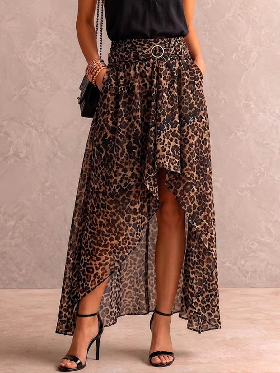 Women's High-waisted Chiffon Skirt With Leopard Print And An Asymmetrical High-low Hem.